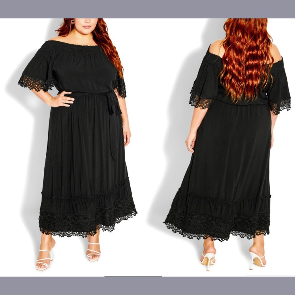 NWT City Chic [ L/ 20 20W ] Sun Crochet‎ Off Shoulder Maxi Dress Black